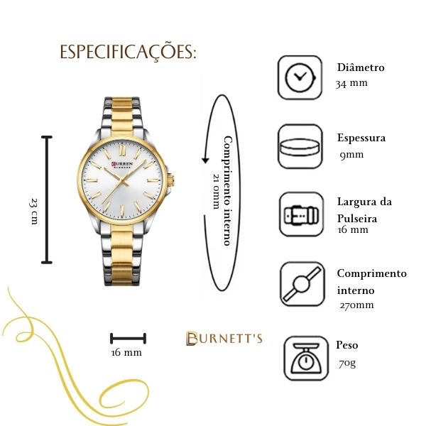 Relógio Feminino de Aço Dourado e Prata - Curren 9090