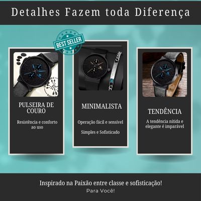 Kit Relógio Masculino Black Moderno Analógico
