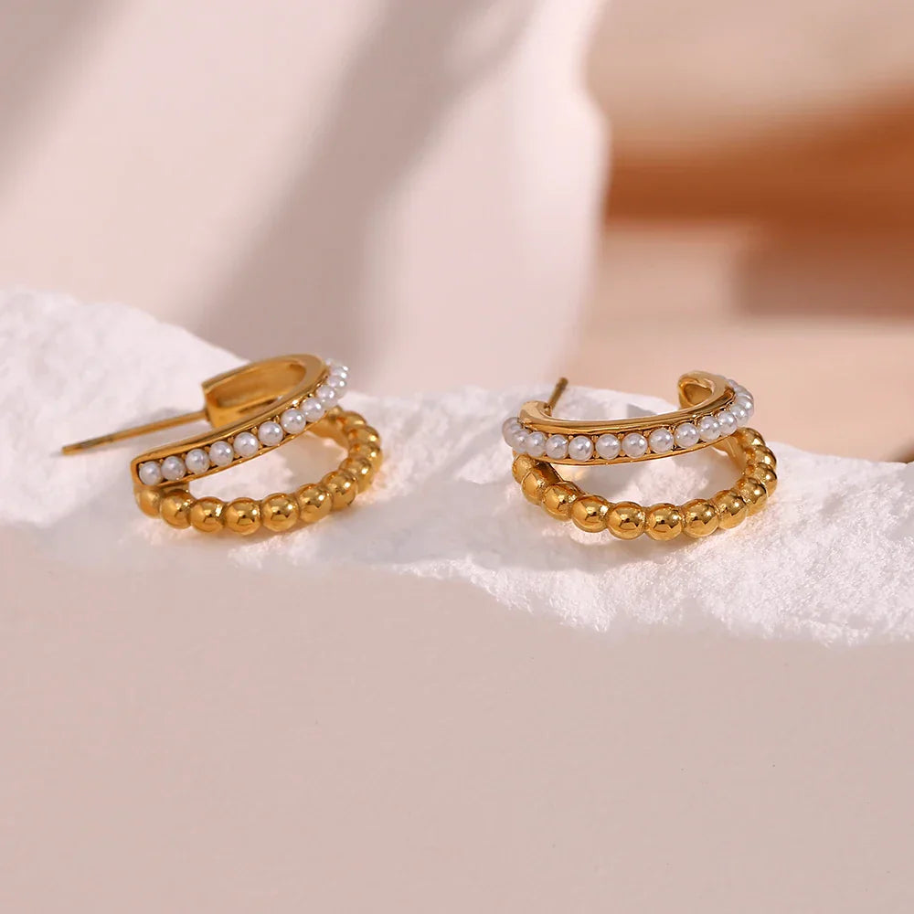 Brincos de Argola Dupla com Pérolas e Ouro
