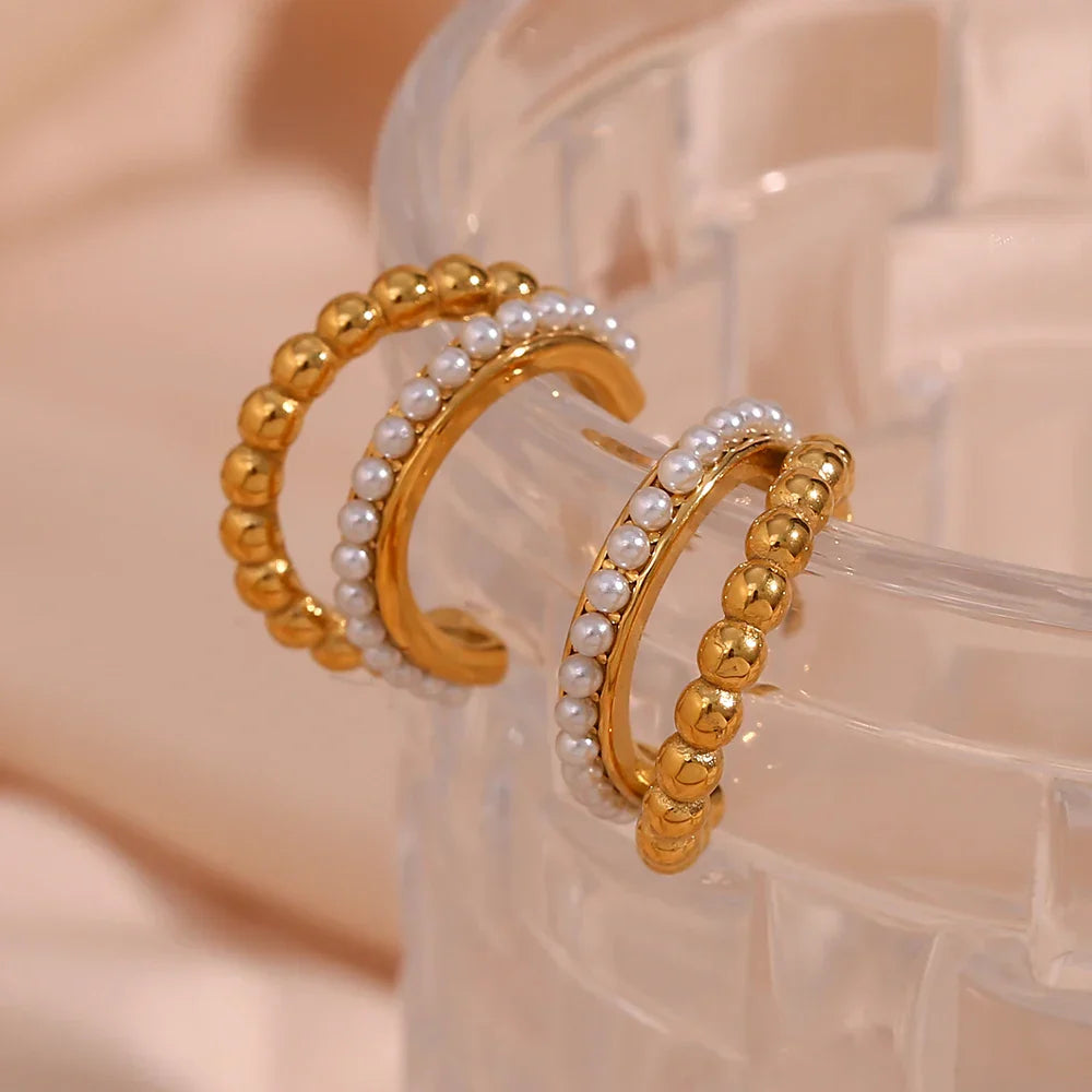Brincos de Argola Dupla com Pérolas e Ouro