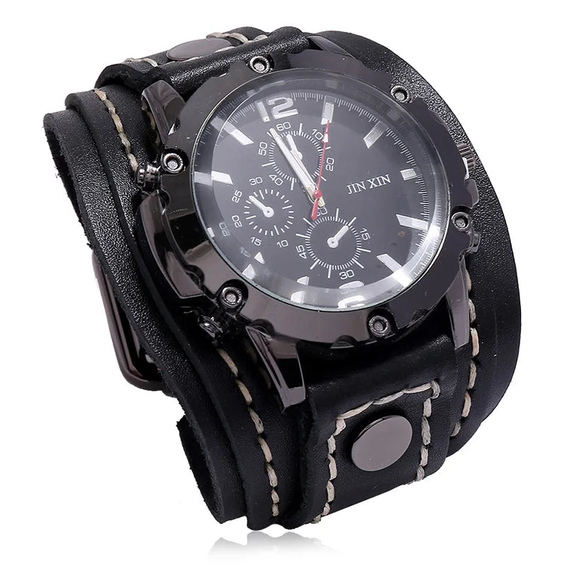Relógio Masculino com Pulseira Larga de Couro - Estilo PUNK