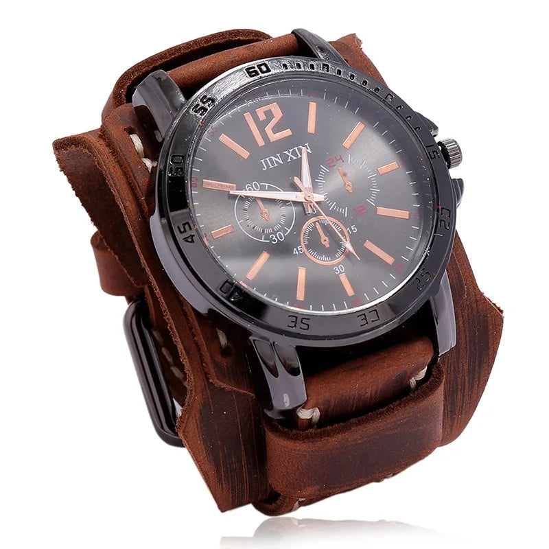 Relógio Masculino com Pulseira Larga de Couro - Estilo PUNK