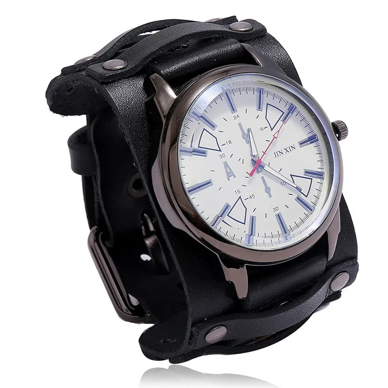 Relógio Masculino com Pulseira Larga de Couro - Estilo PUNK