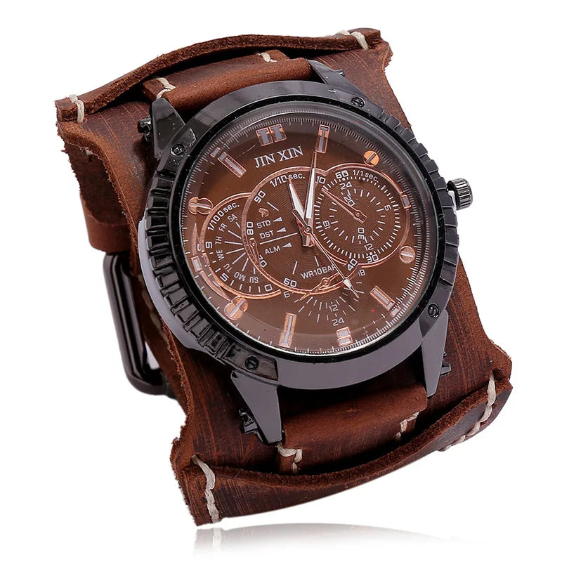 Relógio Masculino com Pulseira Larga de Couro - Estilo PUNK