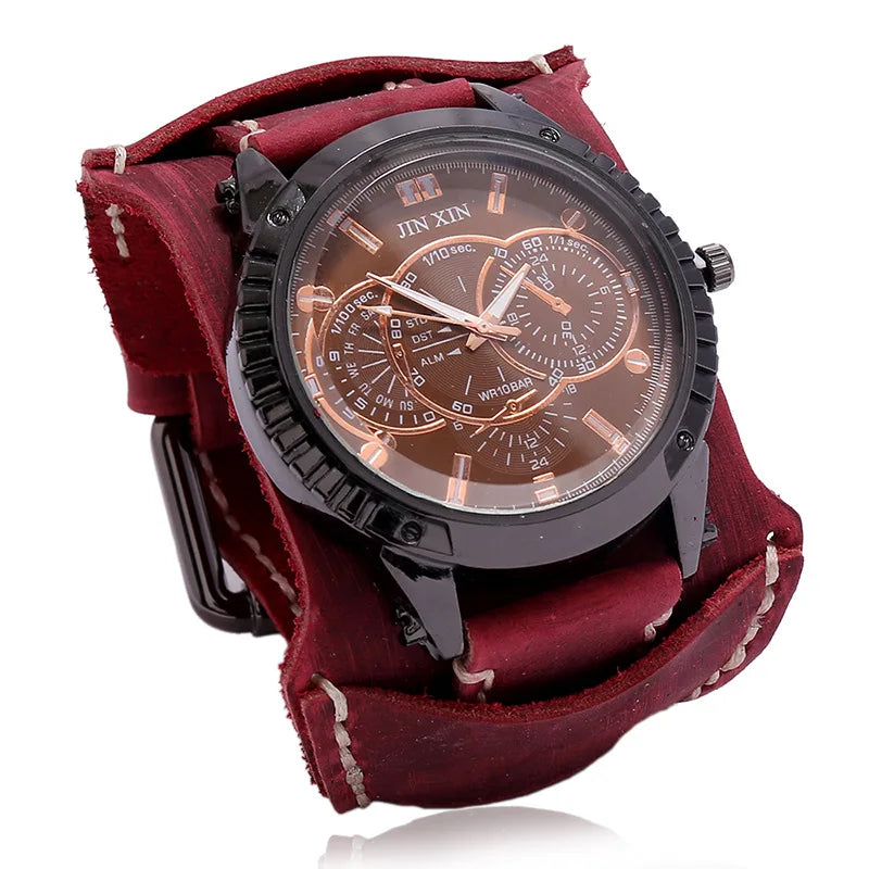 Relógio Masculino com Pulseira Larga de Couro - Estilo PUNK