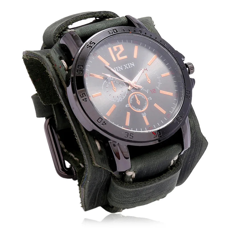 Relógio Masculino com Pulseira Larga de Couro - Estilo PUNK
