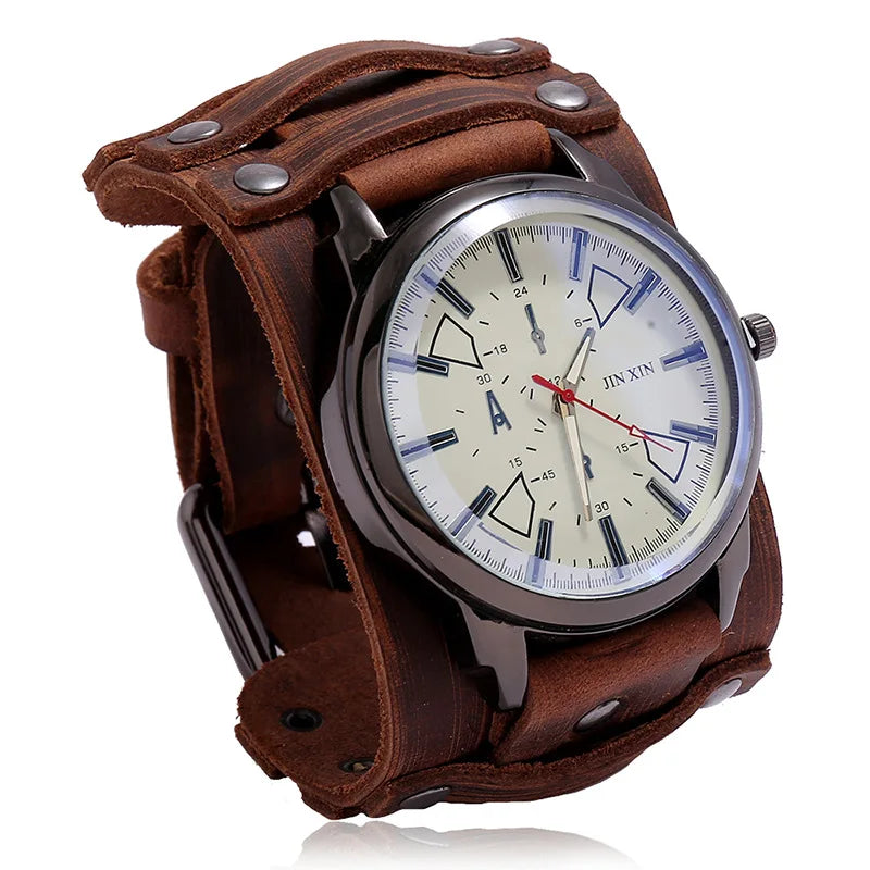 Relógio Masculino com Pulseira Larga de Couro - Estilo PUNK