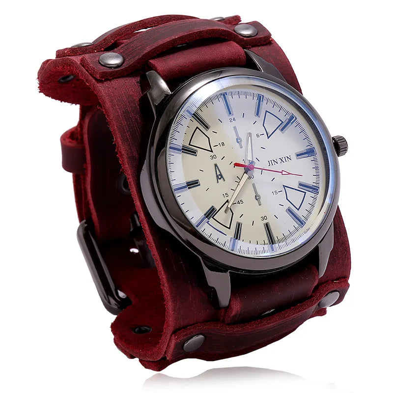 Relógio Masculino com Pulseira Larga de Couro - Estilo PUNK