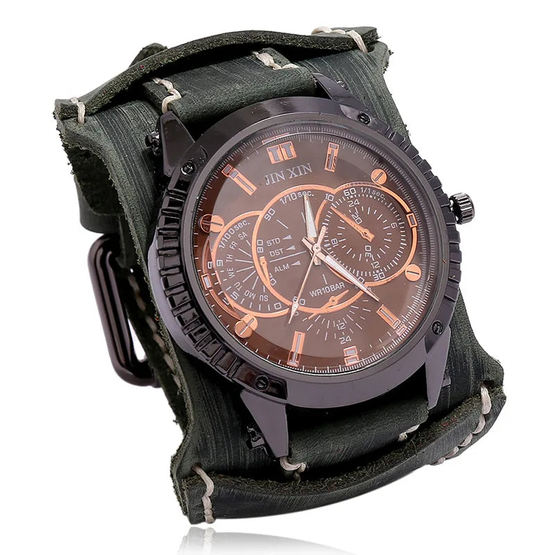 Relógio Masculino com Pulseira Larga de Couro - Estilo PUNK