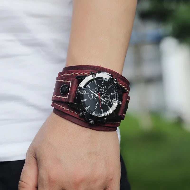 Relógio Masculino com Pulseira Larga de Couro - Estilo PUNK