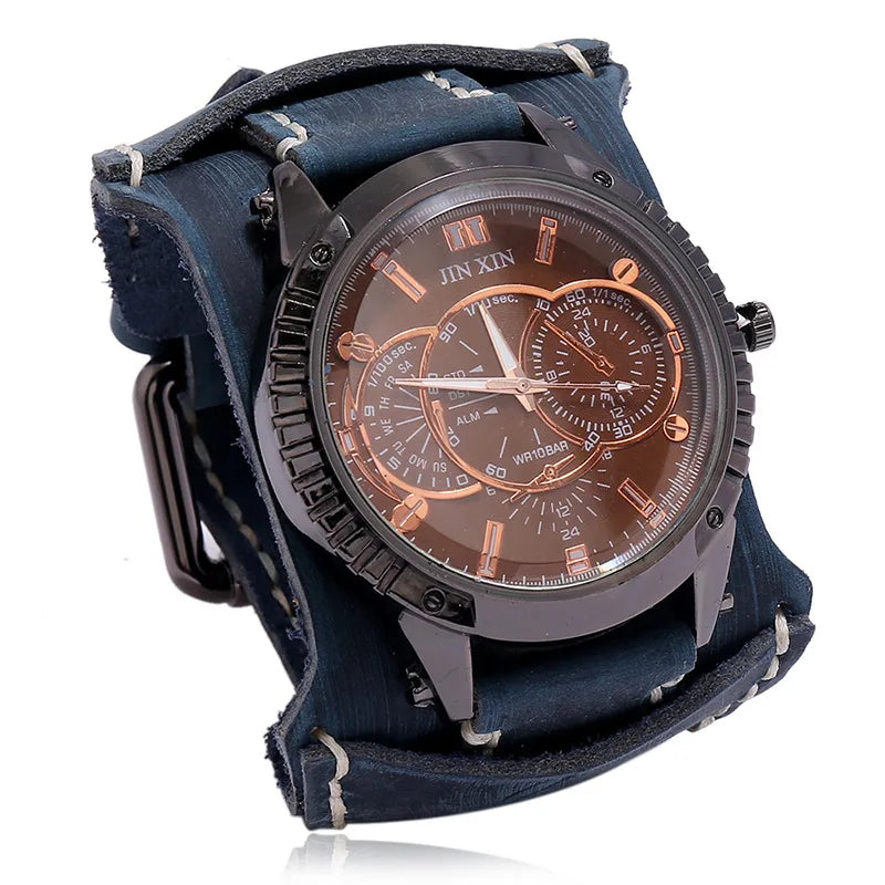 Relógio Masculino com Pulseira Larga de Couro - Estilo PUNK
