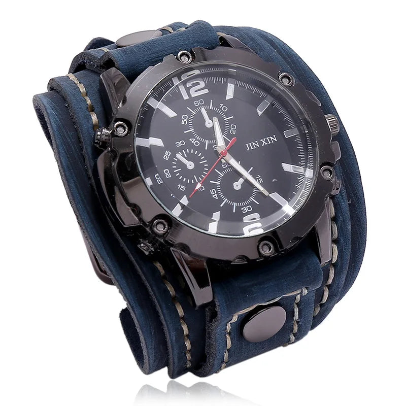 Relógio Masculino com Pulseira Larga de Couro - Estilo PUNK