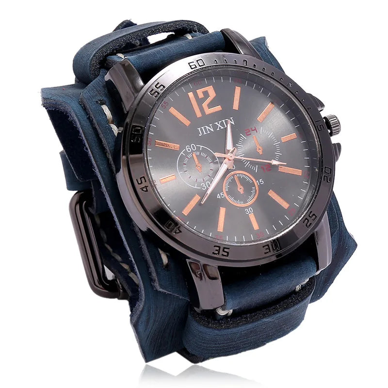 Relógio Masculino com Pulseira Larga de Couro - Estilo PUNK