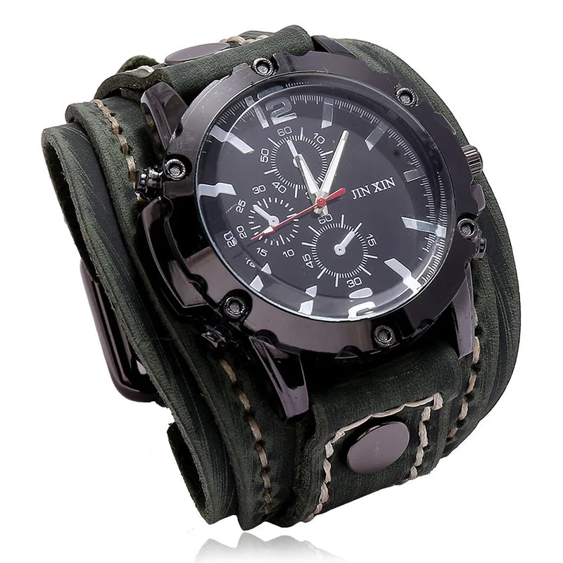 Relógio Masculino com Pulseira Larga de Couro - Estilo PUNK