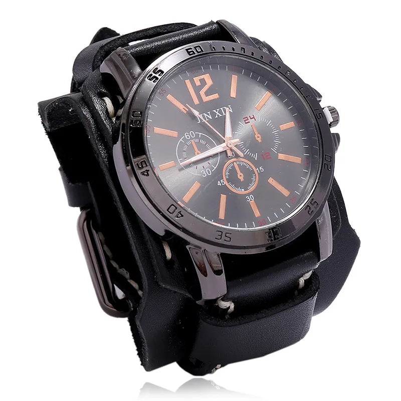 Relógio Masculino com Pulseira Larga de Couro - Estilo PUNK