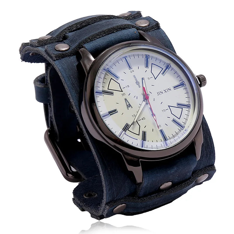 Relógio Masculino com Pulseira Larga de Couro - Estilo PUNK