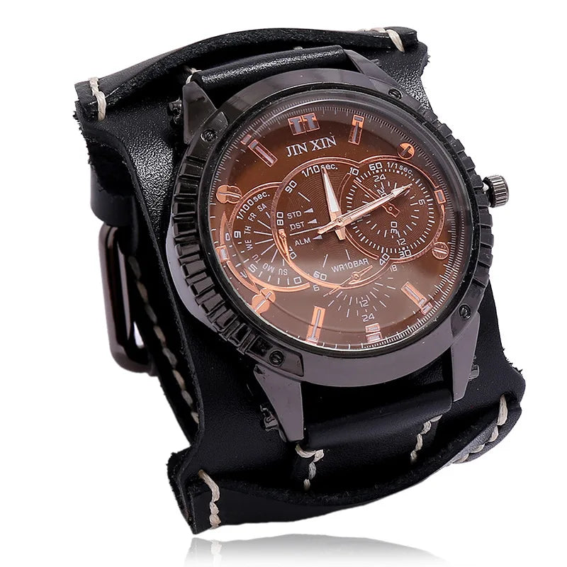 Relógio Masculino com Pulseira Larga de Couro - Estilo PUNK
