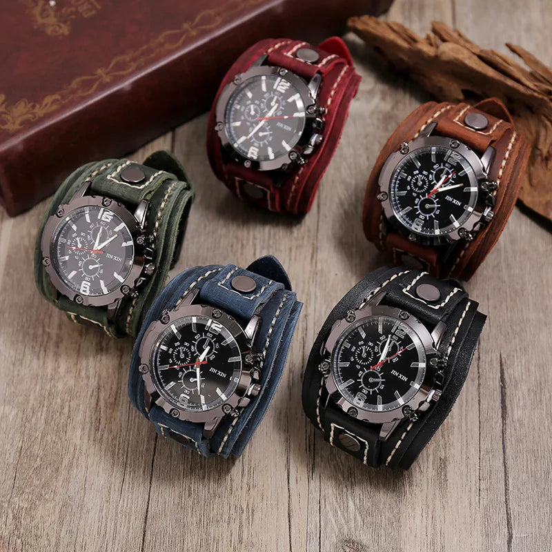 Relógio Masculino com Pulseira Larga de Couro - Estilo PUNK