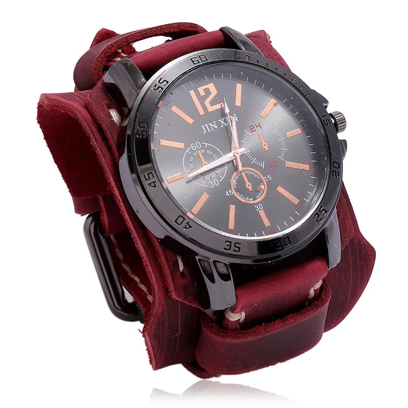 Relógio Masculino com Pulseira Larga de Couro - Estilo PUNK