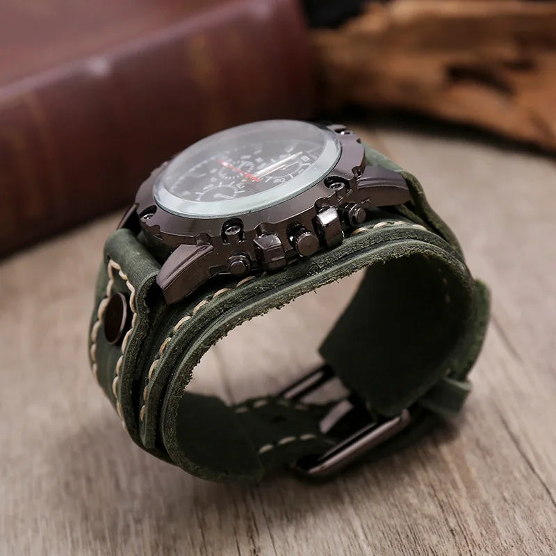 Relógio Masculino com Pulseira Larga de Couro - Estilo PUNK