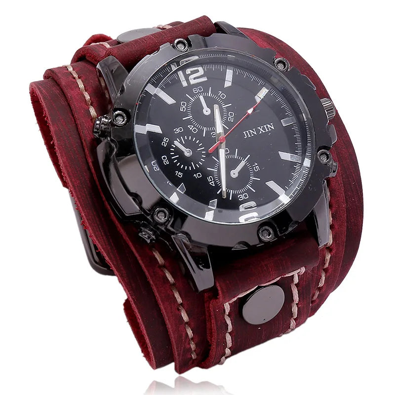 Relógio Masculino com Pulseira Larga de Couro - Estilo PUNK