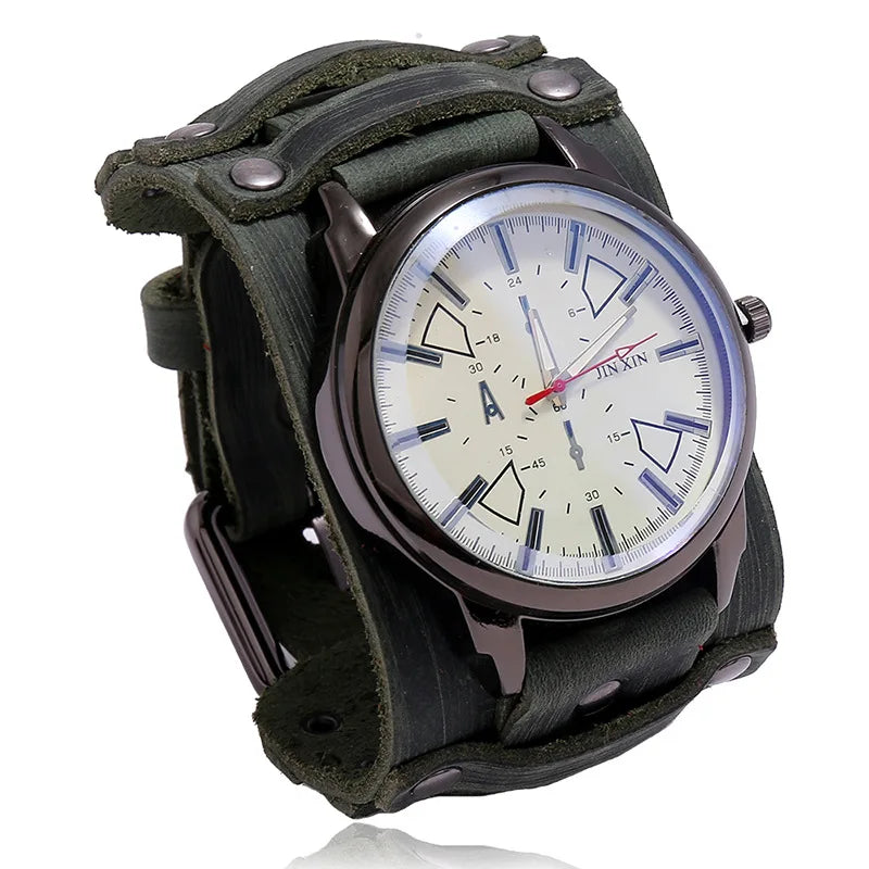 Relógio Masculino com Pulseira Larga de Couro - Estilo PUNK
