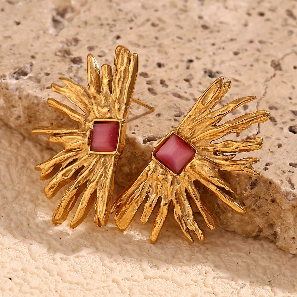 Brincos Elegantes de Ágata Vermelha e Ouro