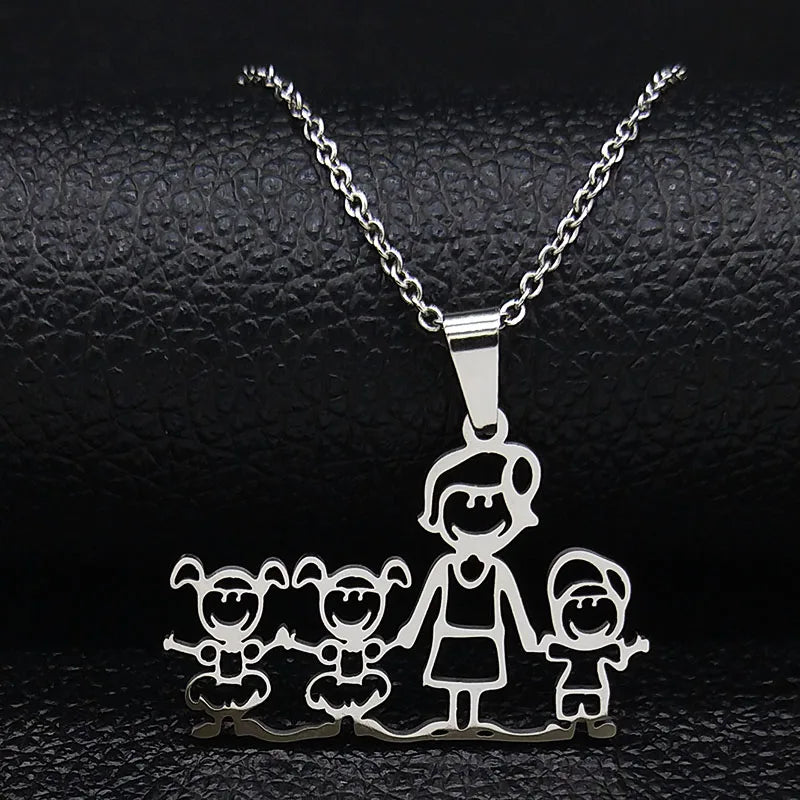 Stainless Steel Necklace Mama Family Necklaces Silver Color Love Boy Girl Pendant Jewelry Women Christmas Gift 355