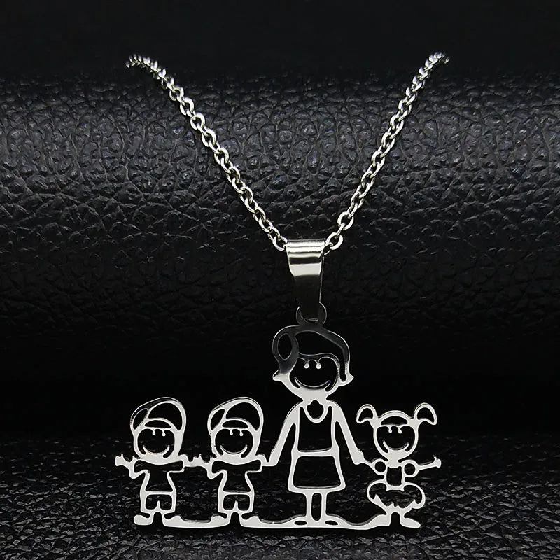 Stainless Steel Necklace Mama Family Necklaces Silver Color Love Boy Girl Pendant Jewelry Women Christmas Gift 355