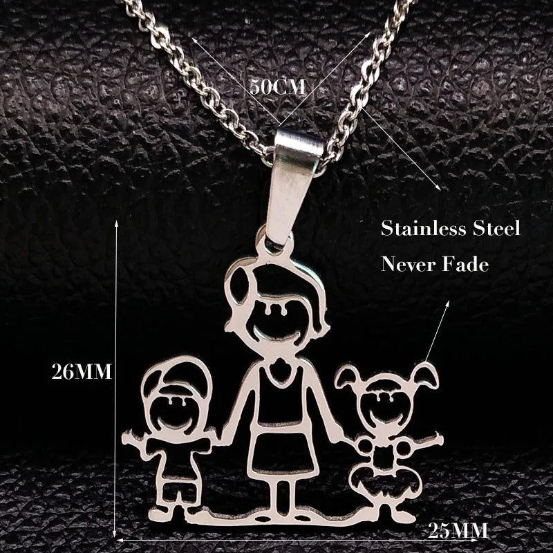 Stainless Steel Necklace Mama Family Necklaces Silver Color Love Boy Girl Pendant Jewelry Women Christmas Gift 355