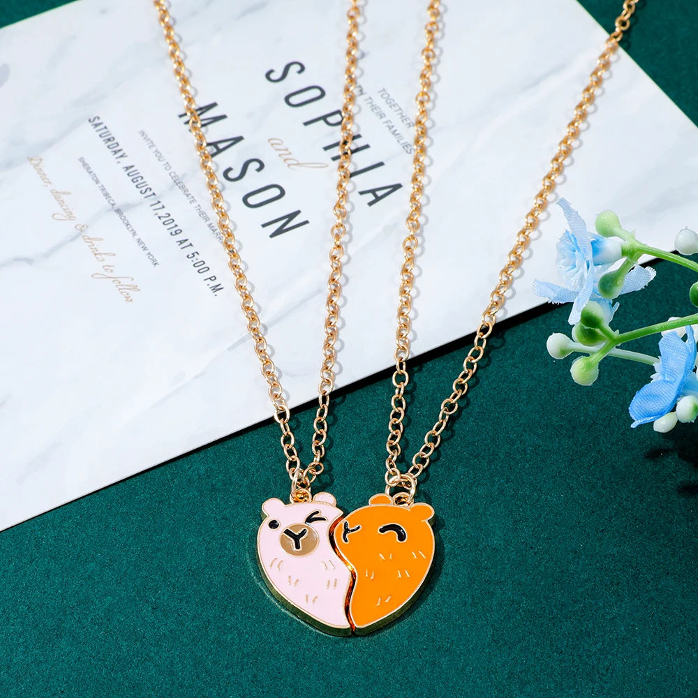 Cute Animal Heart Pendant Necklace Patchwork Metal Charm Jewelry for Men & Women Best Friend Gift