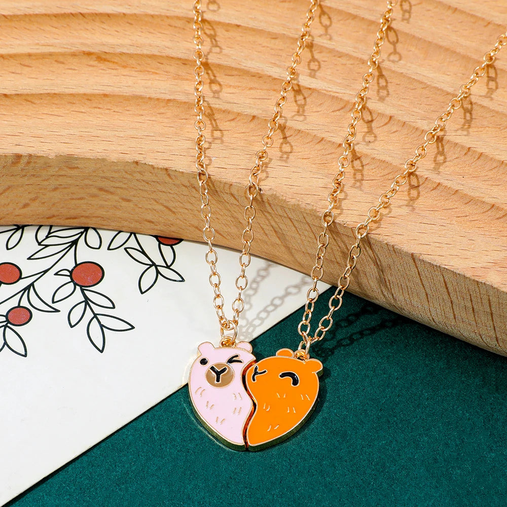 Cute Animal Heart Pendant Necklace Patchwork Metal Charm Jewelry for Men & Women Best Friend Gift