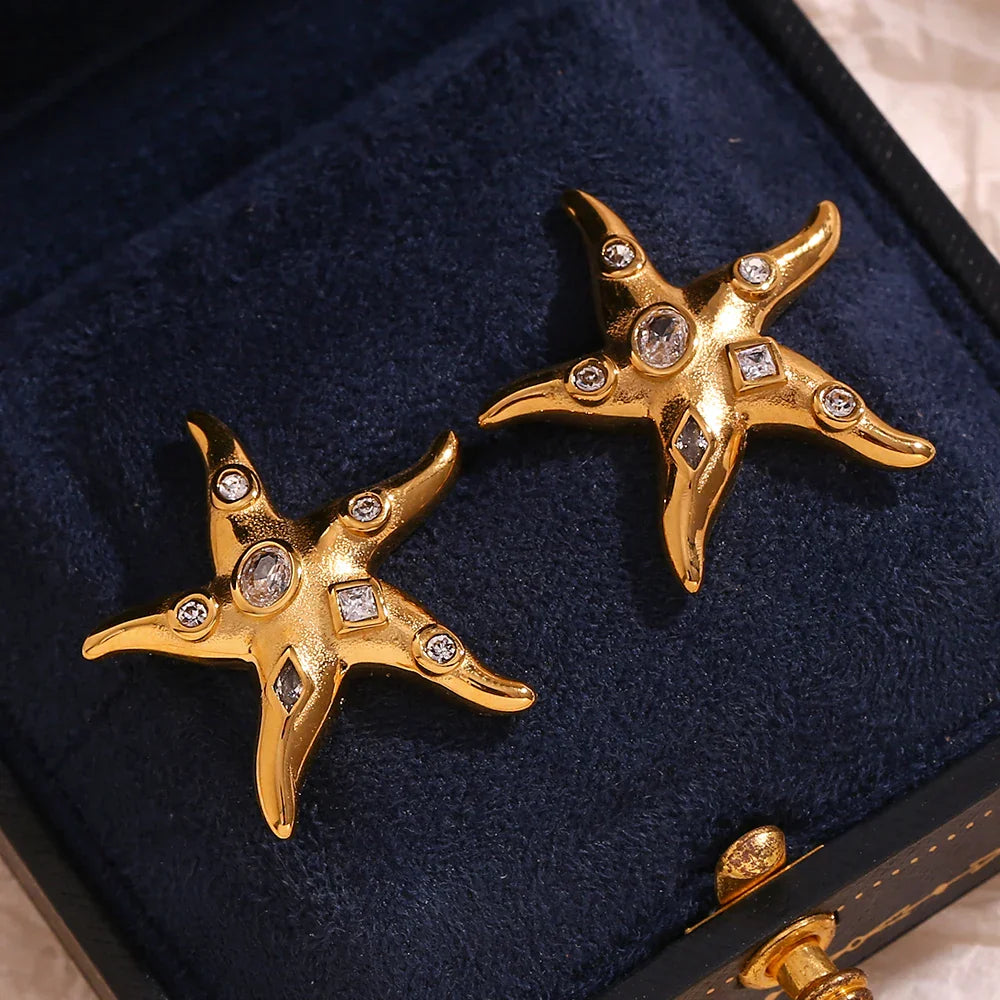 Brincos Estrela do Mar em Aço Inoxidável com Zircônias