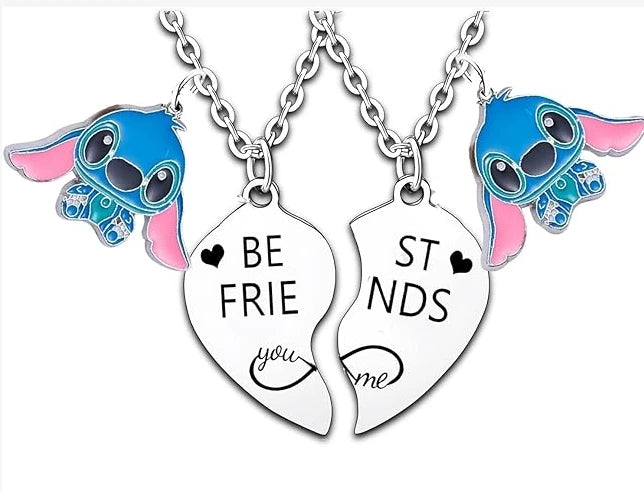 Cute Cartoon Stitch Couple Necklace Stainless Steel Heart Pendant Neck Chain Lovers Best Friends Jewelry Gift