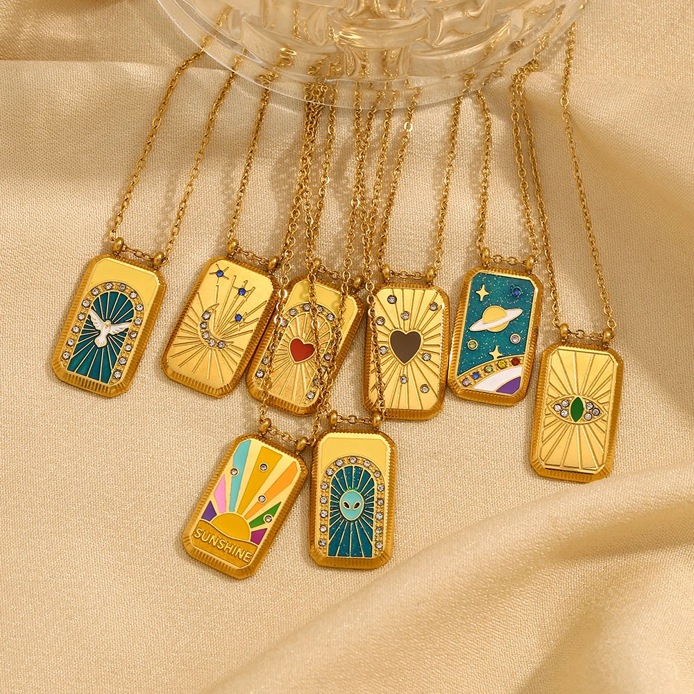 Colar Pingente Tarot Retangular em Aço Inoxidável 18K