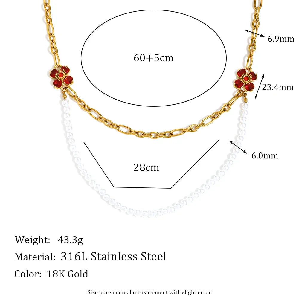Colar Duplo de Pérolas e Flores em Ouro 18K Hipoalergênico