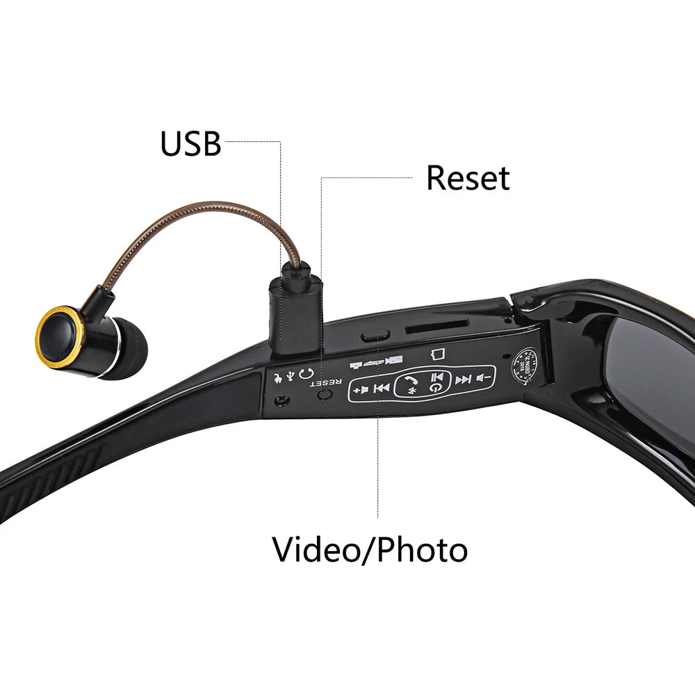 ÓCULOS DE SOL COM MINI CÂMERA - Mini câmera filmadora hd 1080p com fone de ouvido bluetooth, óculos de sol polarizados, câmera esportiva para dirigir, ciclismo, gravador de vídeo