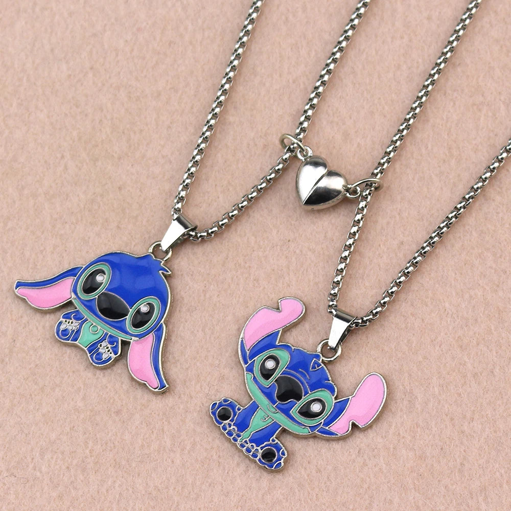 Cute Cartoon Stitch Couple Necklace Stainless Steel Heart Pendant Neck Chain Lovers Best Friends Jewelry Gift