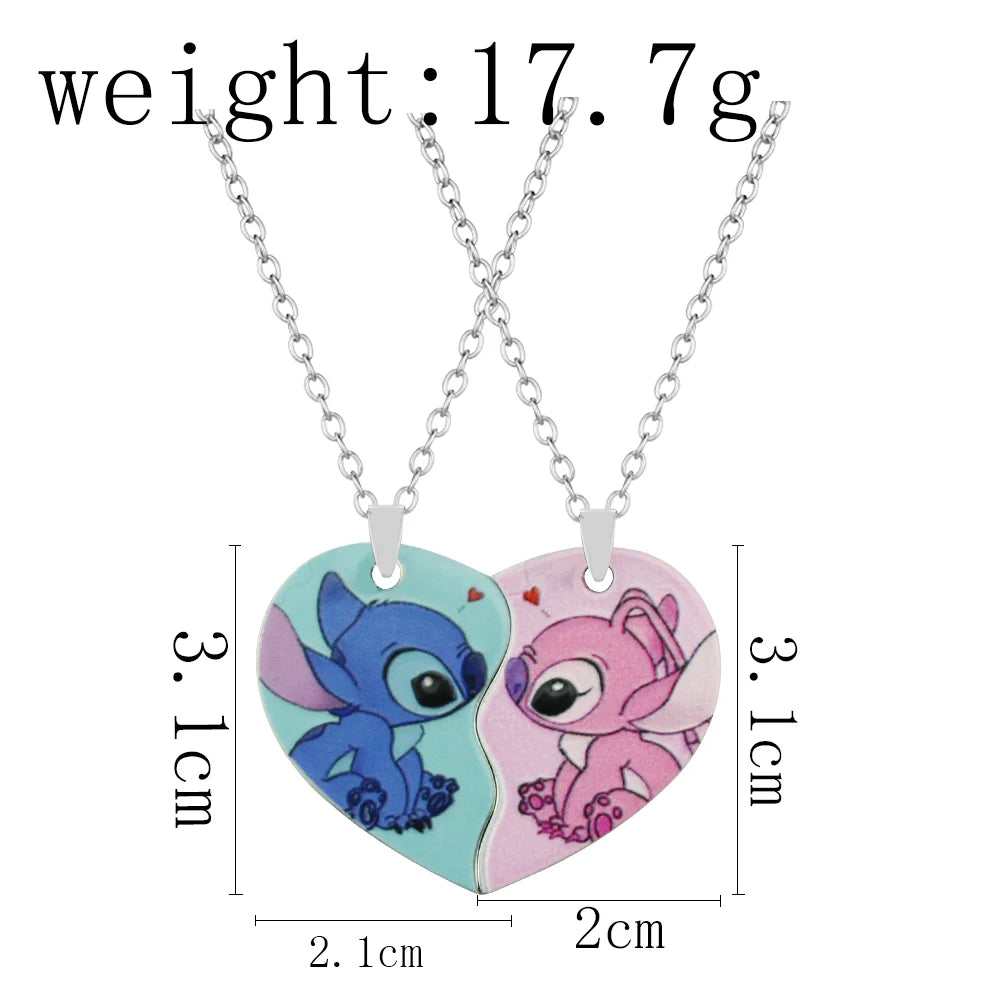 Cute Cartoon Stitch Couple Necklace Stainless Steel Heart Pendant Neck Chain Lovers Best Friends Jewelry Gift