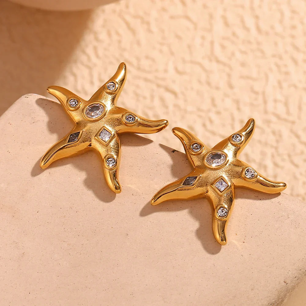 Brincos Estrela do Mar em Aço Inoxidável com Zircônias