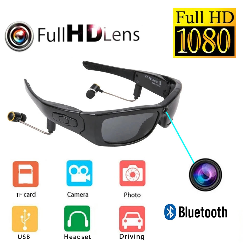ÓCULOS DE SOL COM MINI CÂMERA - Mini câmera filmadora hd 1080p com fone de ouvido bluetooth, óculos de sol polarizados, câmera esportiva para dirigir, ciclismo, gravador de vídeo
