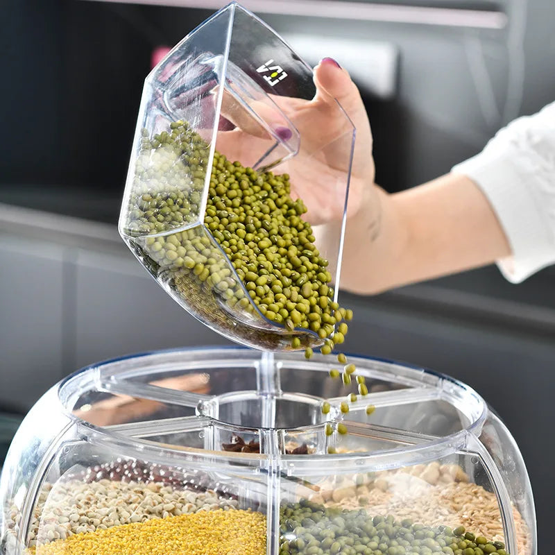 Dispensador de arroz rotativo 360 graus, selado, cereal seco, balde de grãos, à prova de umidade, cozinha, recipiente de armazenamento, caixa de armazenamento