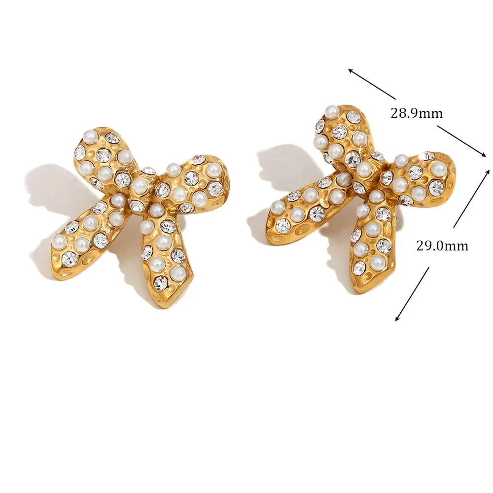 Brincos Elegantes de Laço com Zircônia e Pérolas