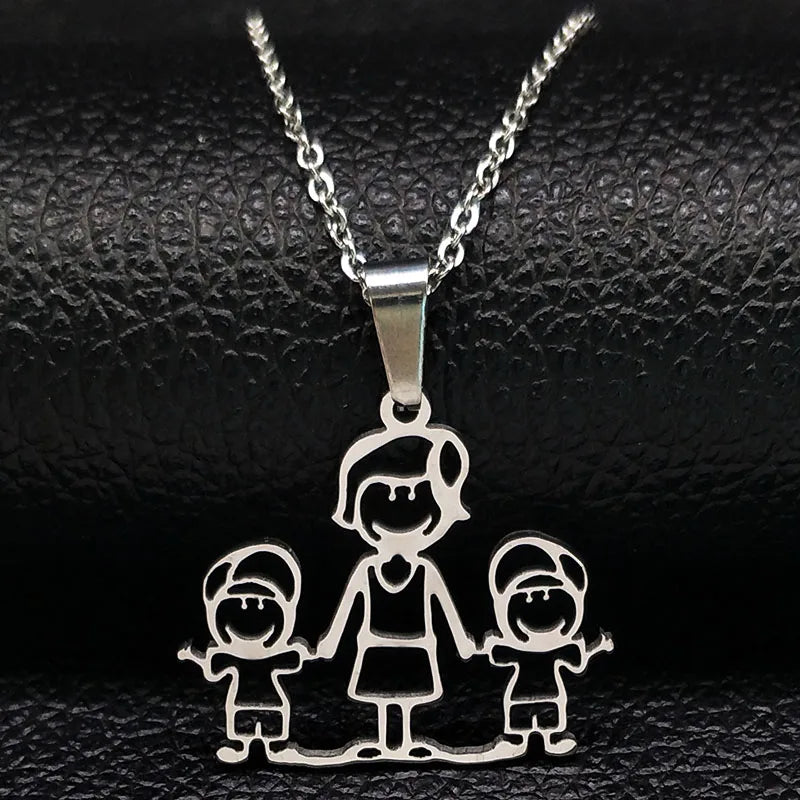 Stainless Steel Necklace Mama Family Necklaces Silver Color Love Boy Girl Pendant Jewelry Women Christmas Gift 355