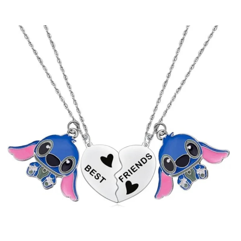 Cute Cartoon Stitch Couple Necklace Stainless Steel Heart Pendant Neck Chain Lovers Best Friends Jewelry Gift