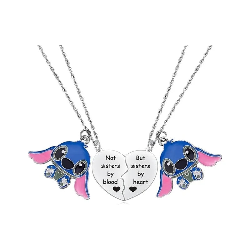 Cute Cartoon Stitch Couple Necklace Stainless Steel Heart Pendant Neck Chain Lovers Best Friends Jewelry Gift