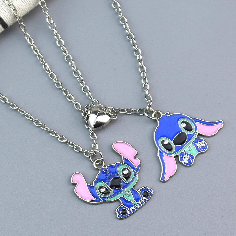 Cute Cartoon Stitch Couple Necklace Stainless Steel Heart Pendant Neck Chain Lovers Best Friends Jewelry Gift