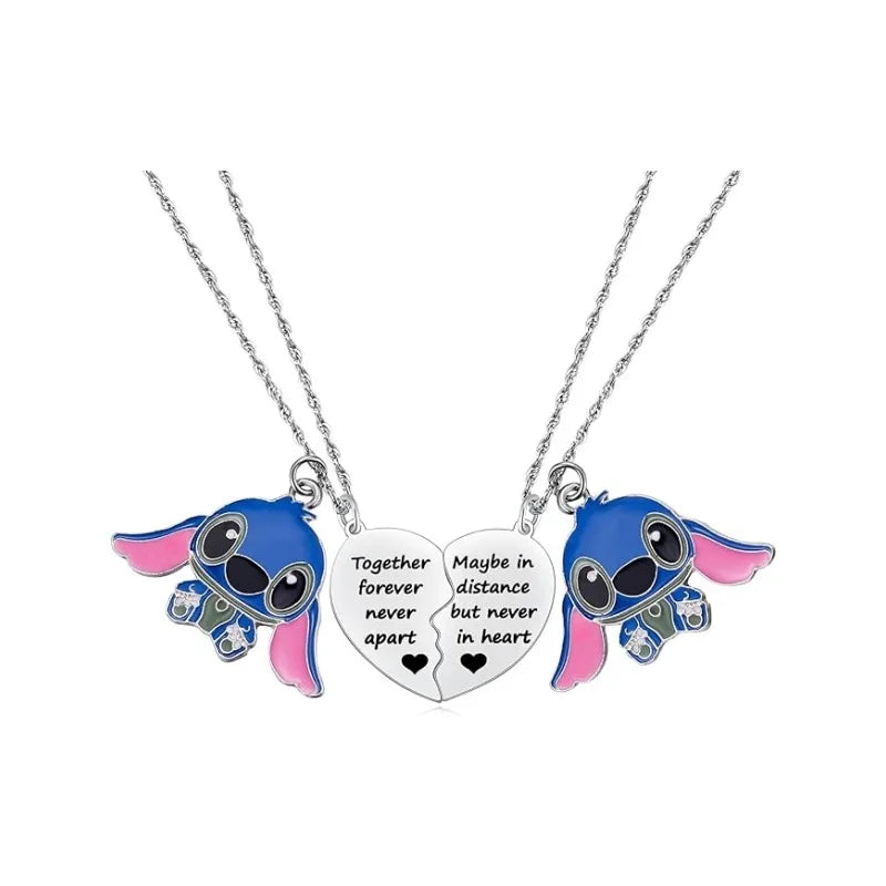Cute Cartoon Stitch Couple Necklace Stainless Steel Heart Pendant Neck Chain Lovers Best Friends Jewelry Gift