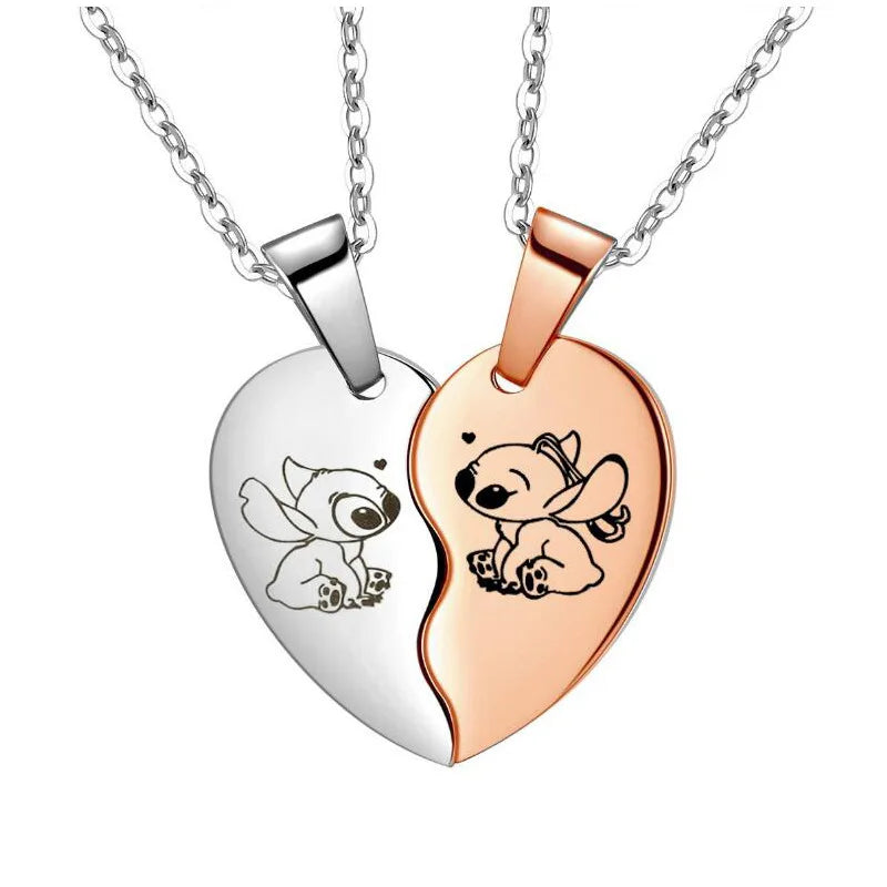 Cute Cartoon Stitch Couple Necklace Stainless Steel Heart Pendant Neck Chain Lovers Best Friends Jewelry Gift