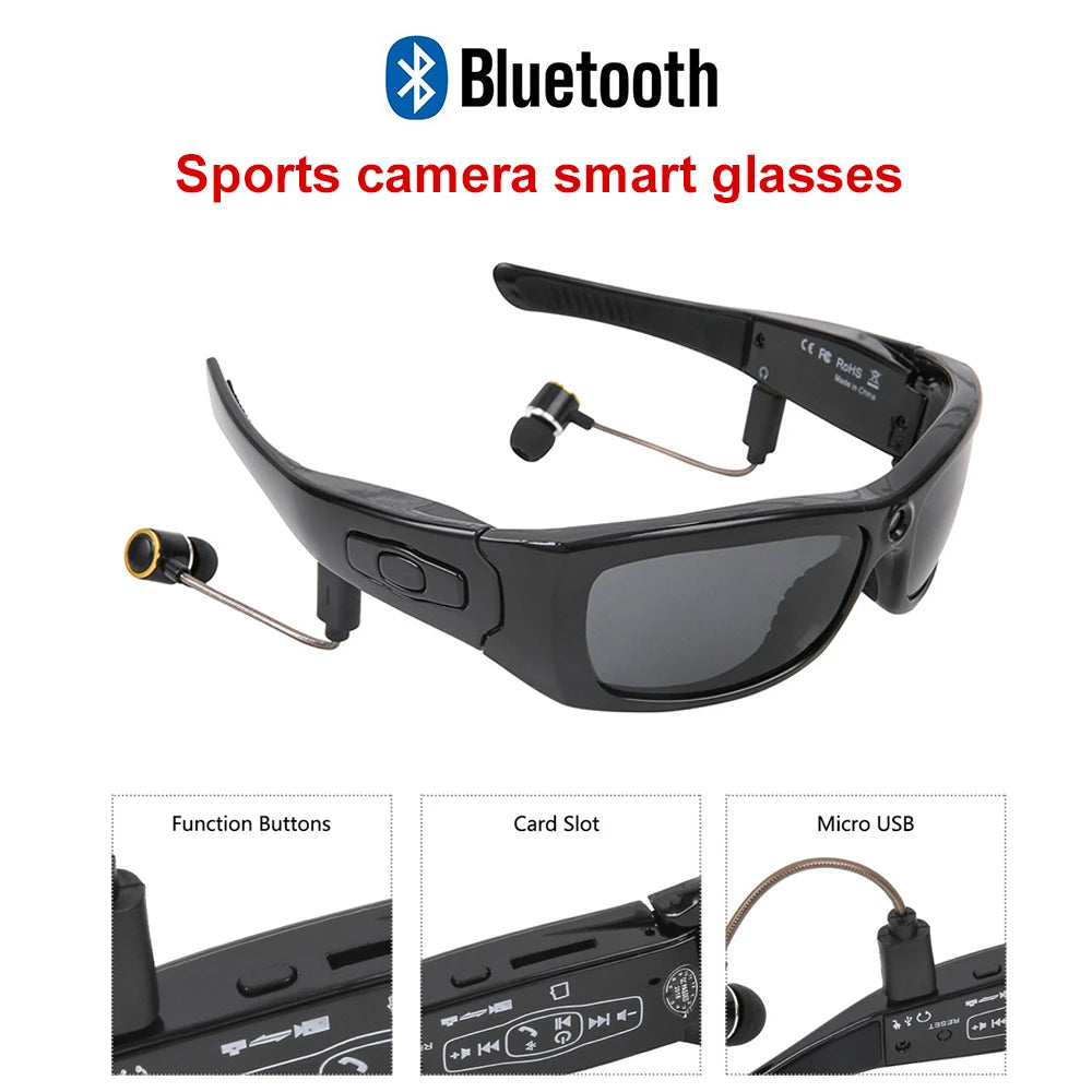 ÓCULOS DE SOL COM MINI CÂMERA - Mini câmera filmadora hd 1080p com fone de ouvido bluetooth, óculos de sol polarizados, câmera esportiva para dirigir, ciclismo, gravador de vídeo